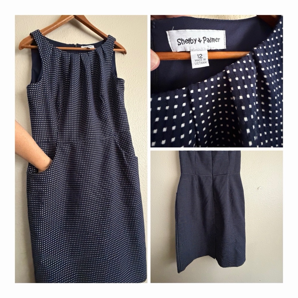 Shelby & Palmer Dotted Jacquard Dress Pockets Navy Blue 12 Polkasots  Mod Retro
